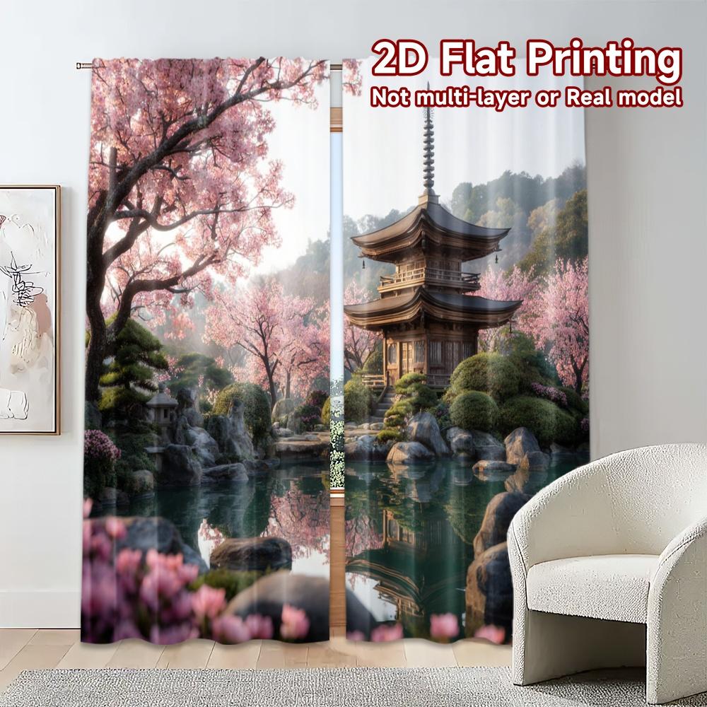 2pcs, 2D FLAT PRINTING Curtains (Without Rod) Cherry Oasis Popular Curtains&Window Treatment Durable 100% Polyester Fabric