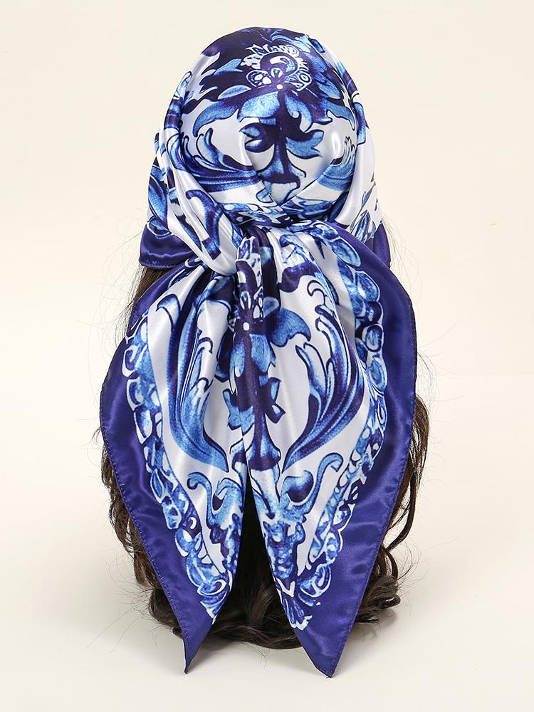 New Satin Silk Square Scarf Hijab Blue And White Porcelain Printed Bandana Kerchief Women Muslim Hijab Headscarf  Headband