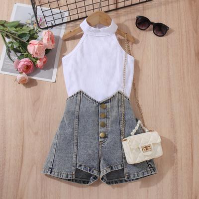 Girls' Fashion Set: Summer Children's Solid Color Sleeveless Off-the-shoulder Pullover, Ripped Denim Shorts Two-piece Set