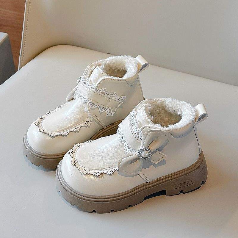 Children's Warm Big Cotton Shoes Girl Martin Boots Velvet Princess Wind Autumn and Winter New Girls Leather Snow Boots Korean Version