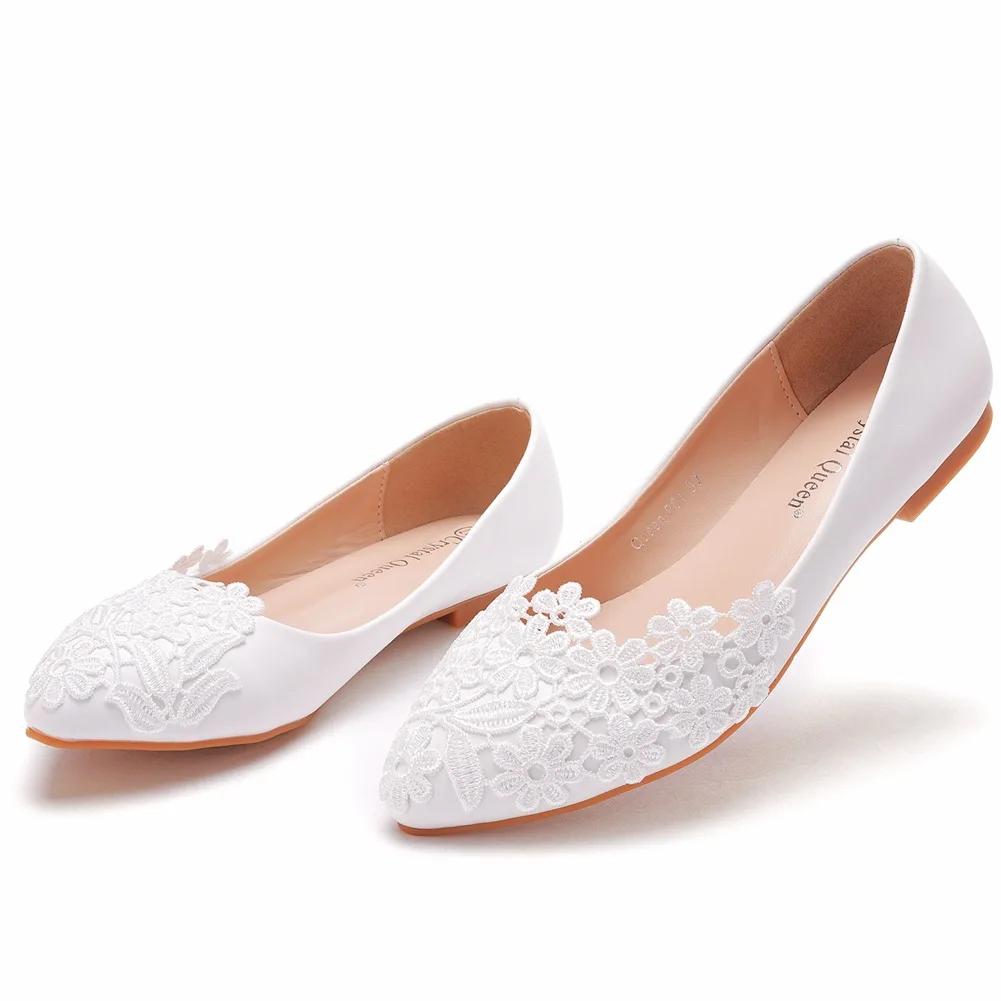 Plus Size 34-43 Shoes for Women White Flats Lace Wedding Shoes Casual Pointed Toe Princess PU Shoes Slip on Zapatos De Mujer
