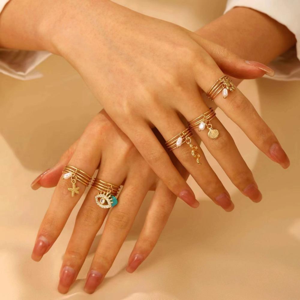Luxury Design Baroque Pearl Eye Snake Pendant Rings for Women Retro Charm Gold Color Zircon Starfish Shell Finger Jewelry Gift