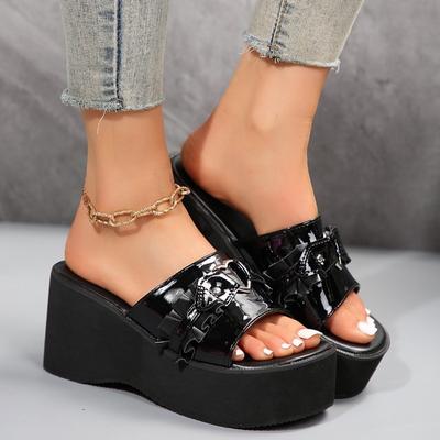 Summer New Slope Heel Sandals Women's Round Head Open Toe Metal Buckle a Slip-on Waterproof Platform High Heels