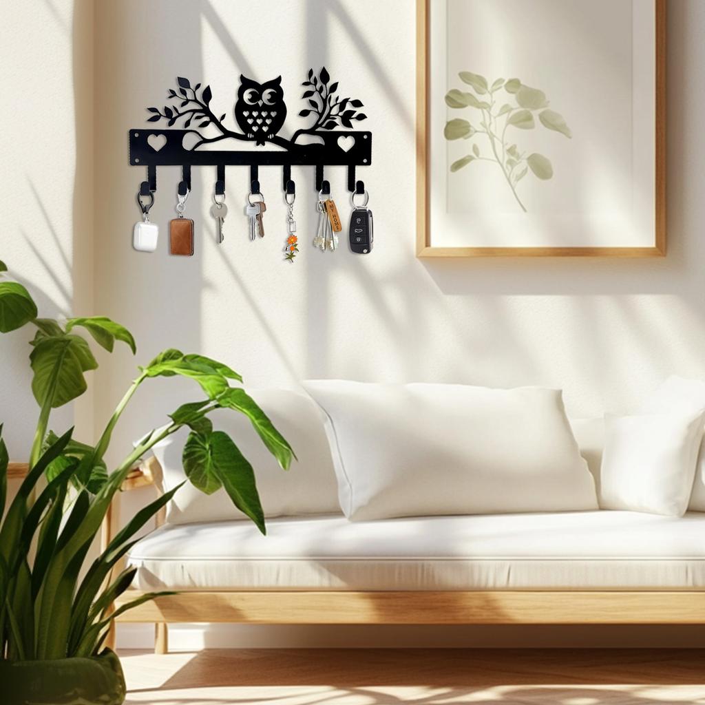 Metal Owl Wall Hook Rack with Seven Hooks for Keys Towels and Small Items Hanging Over Door Storage Organizer