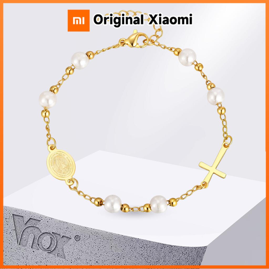 Xiaomi Vnox Metal Virgin Mary Saint Benedict Cross Bracelet, Stainless Steel Bead Pearl Chain Bracelets For Women Religious Jewelry