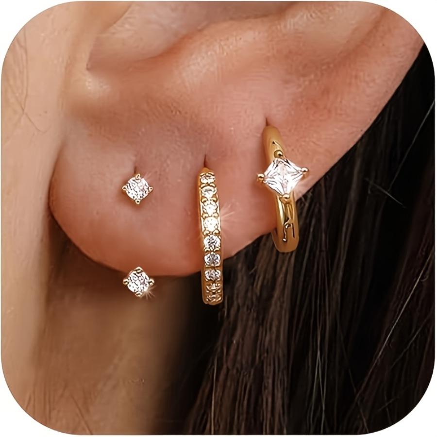 6pcs Minimalist Niche Design Golden Earring Set with Synthetic Synthetic Zirconia, Small Earring Set Suitable for Multiple Piercings