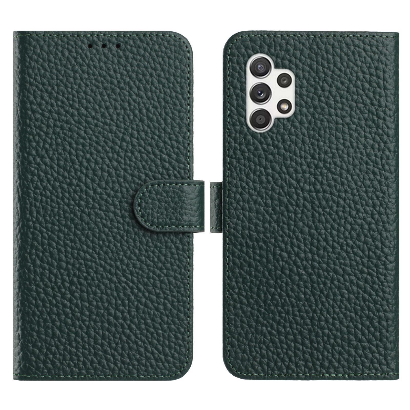 

For Samsung Galaxy A13 4G Case Wallet Stand Litchi Texture Genuine Cow Leather Flip Phone Cover Green