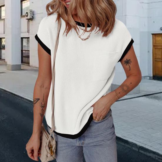 Women T-shirt Round Neck Short Sleeve Pocket Decoration Tee Shirt Color Block Loose Fit Tee Shirt Leisure Wear