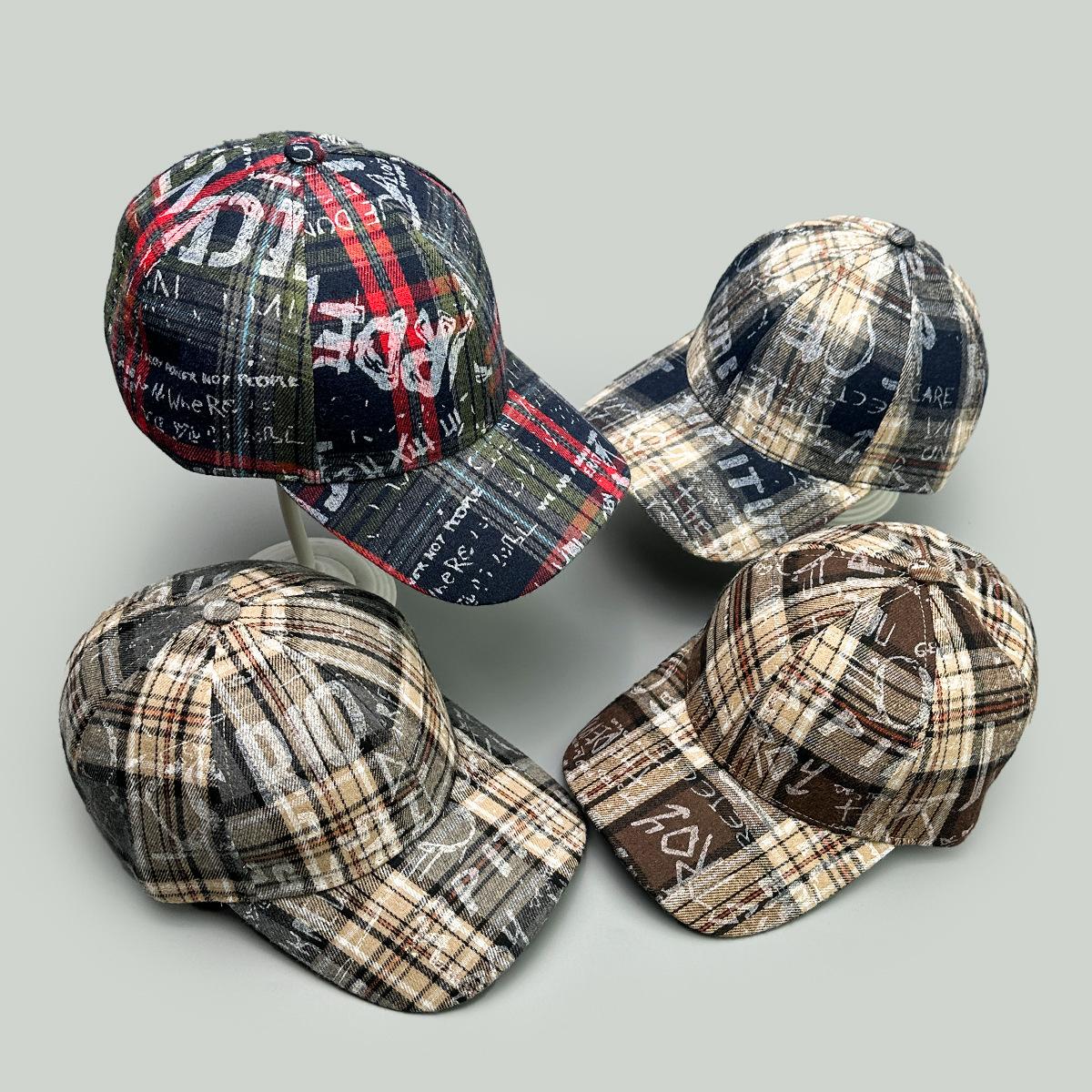 Supermarket Go Women's Grey/Red/Blue Spring And Autumn Hardtop Irregular Letter Plaid Baseball Cap Men's And Sunshade Retro Personalized Hardtop Cap 52-60Cm