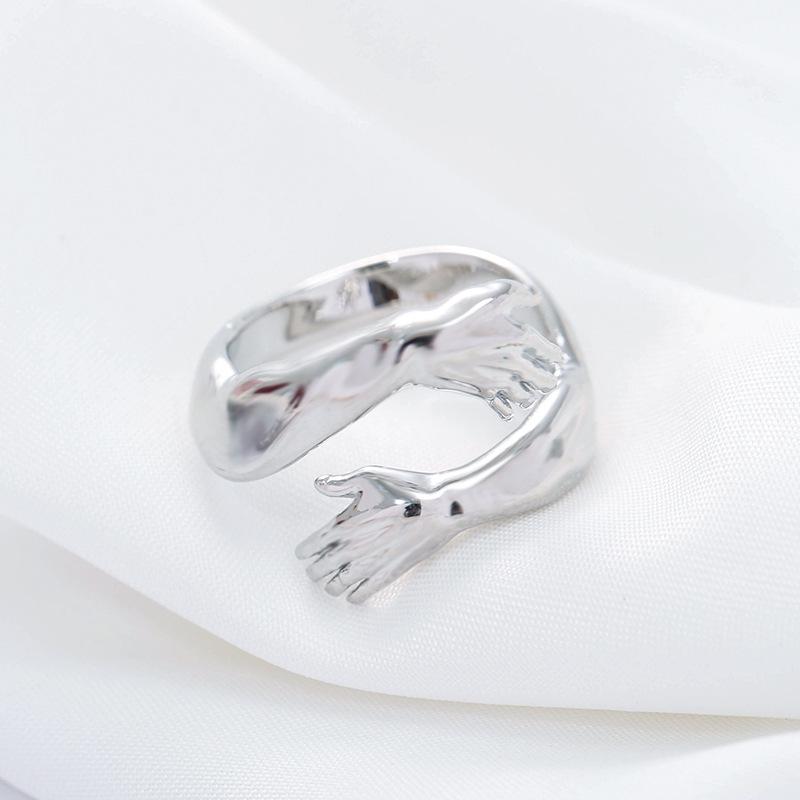 Personalized Geometric Double-Hand Embrace Ring - Women s Niche Design Adjustable Open платиновый