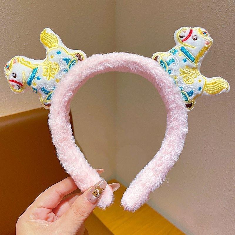 Cute Red Festive Plush for Hairband Horse-Zodiac Doll Headband Festival Performance Accessory Handmade Japan Korean Style