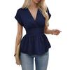 Women Tops V-neck Raglan Short Sleeve Shirt Pleated Hem Solid Color Waist-Hugging Regular Fit Tops Daily Wear