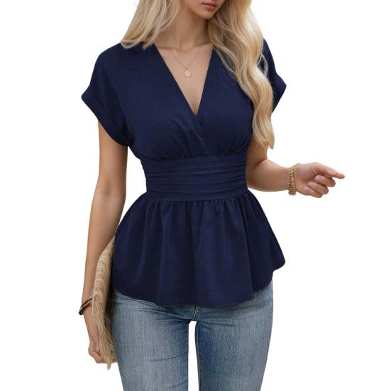 Women Tops V-neck Raglan Short Sleeve Shirt Pleated Hem Solid Color Waist-Hugging Regular Fit Tops Daily Wear