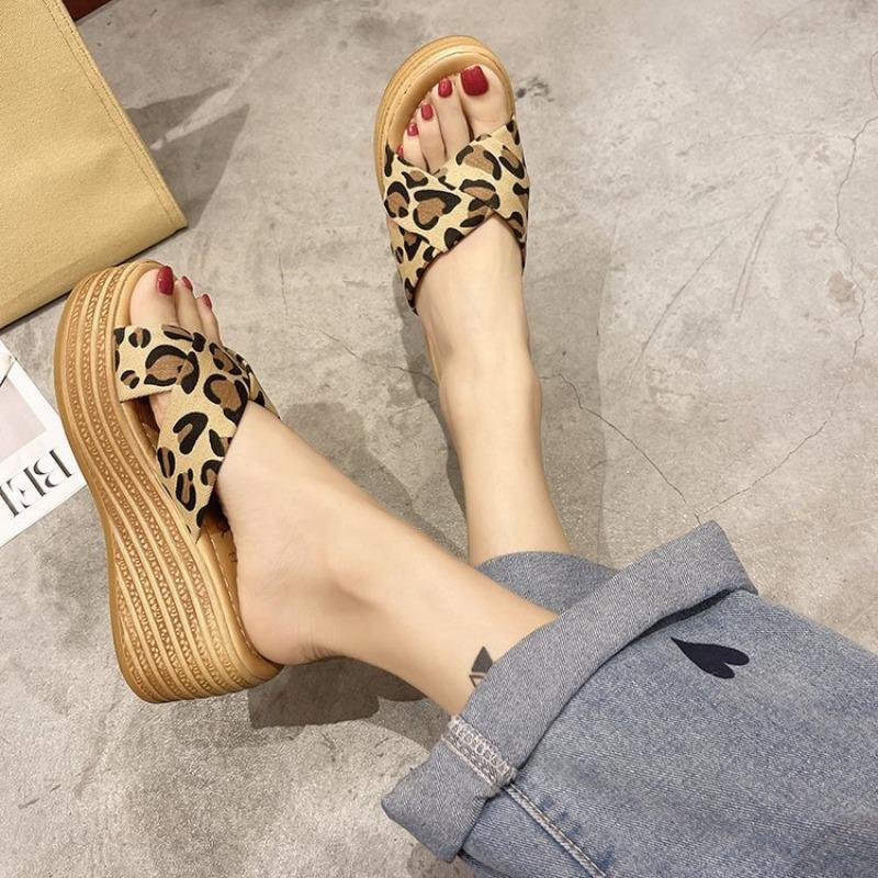 Wearing Wedge Heels Slippers Women's Shoes Summer New Leopard Print Muffin One-word Drag Thick-soled Beach Cool Slippers
