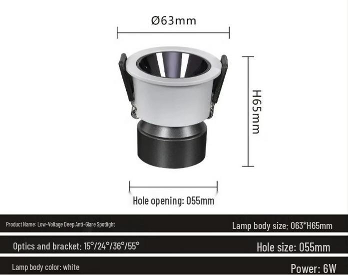 

1224 Низковольтный Встраиваемый Светильник Даунлайт с Узким Углом Рассеивания и Изменением Цвета на Три Цвета для Гостиной, Автодома, Отеля и Малых Помещений Black Cup 24V 55mm 6W 3000K Warm Yellow