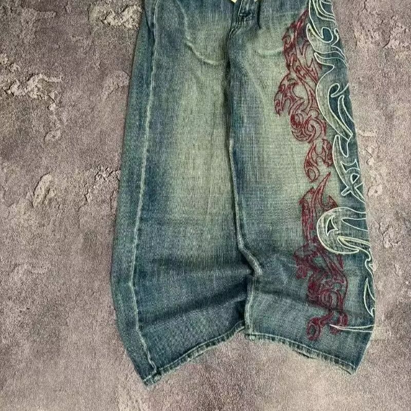 Retro Streetwear Kalhoty Y2K Výšivka Volné Džíny Hip Hop Harajuku Dámské Ležérní Prané Oprané Kalhoty po celé délce