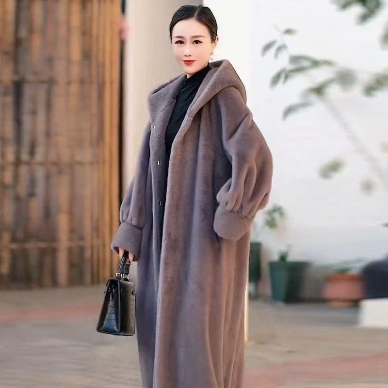 Women Faux Fur Coat Solid Hooded Long Fur Coat Fluffy Luxury Loose Casual Outerwear Winter