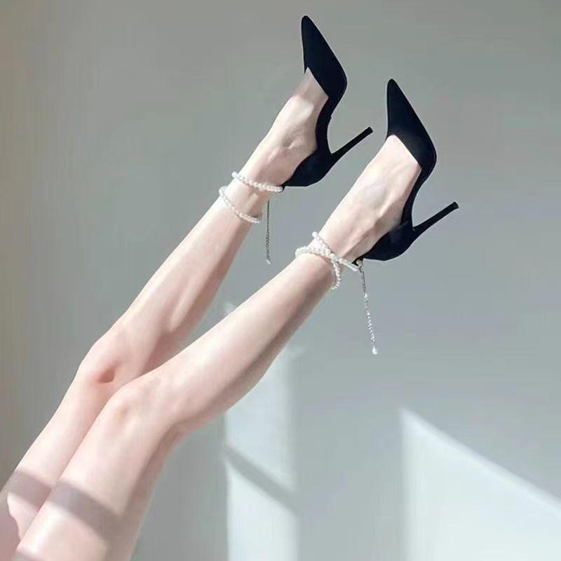 

French suede pearl fashion high heels pointed light mouth temperament women s shoes 2025 spring and autumn new simple fashion shoes 34