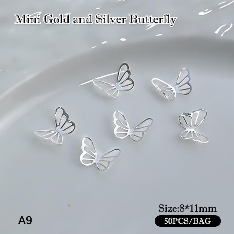 50 Pièces Alliage Creux Papillon Décoration Nail Art Or Argent Métal Charms Papillon pour Ongles DIY Saint-Valentin Pièces Papillon