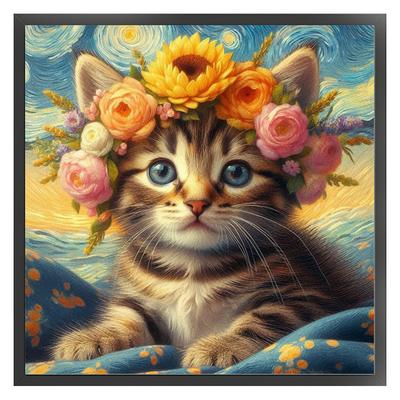 Vollstickerei Öko-Baumwollgarn 11CT Gedrucktes Blume Katze Kreuzstich-Set Kunst