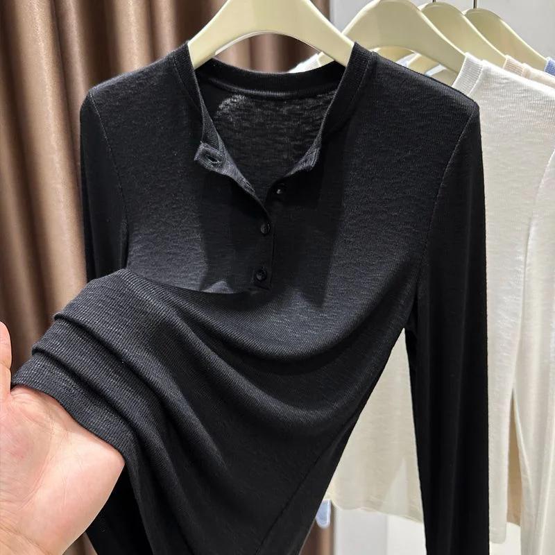 Dámské bambusovo-bavlněné tričko s polorozepínacím límcem a dlouhým rukávem na podzim a zimu, vysoce kvalitní, knoflíkové, univerzální základní vrstva