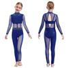 Girls Dance Performance Jumpsuit Full Body Leotard Long Sleeve Mock Neck Mesh Patchwork Keyhole Back Bodysuit