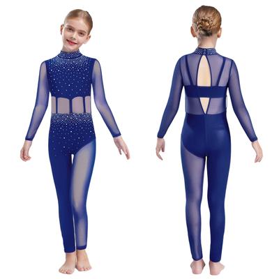 Dívčí taneční kombinéza s dlouhým rukávem, leotard po celém těle, falešný stojáček, síťovaný patchwork, klíčová dírka na zádech
