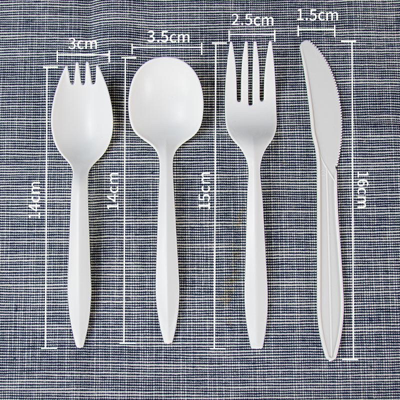 Eco-Friendly Disposable Starch Cutlery Set: Knife, Fork, Spoon - Individually Packaged 3-Piece Customizable Set.