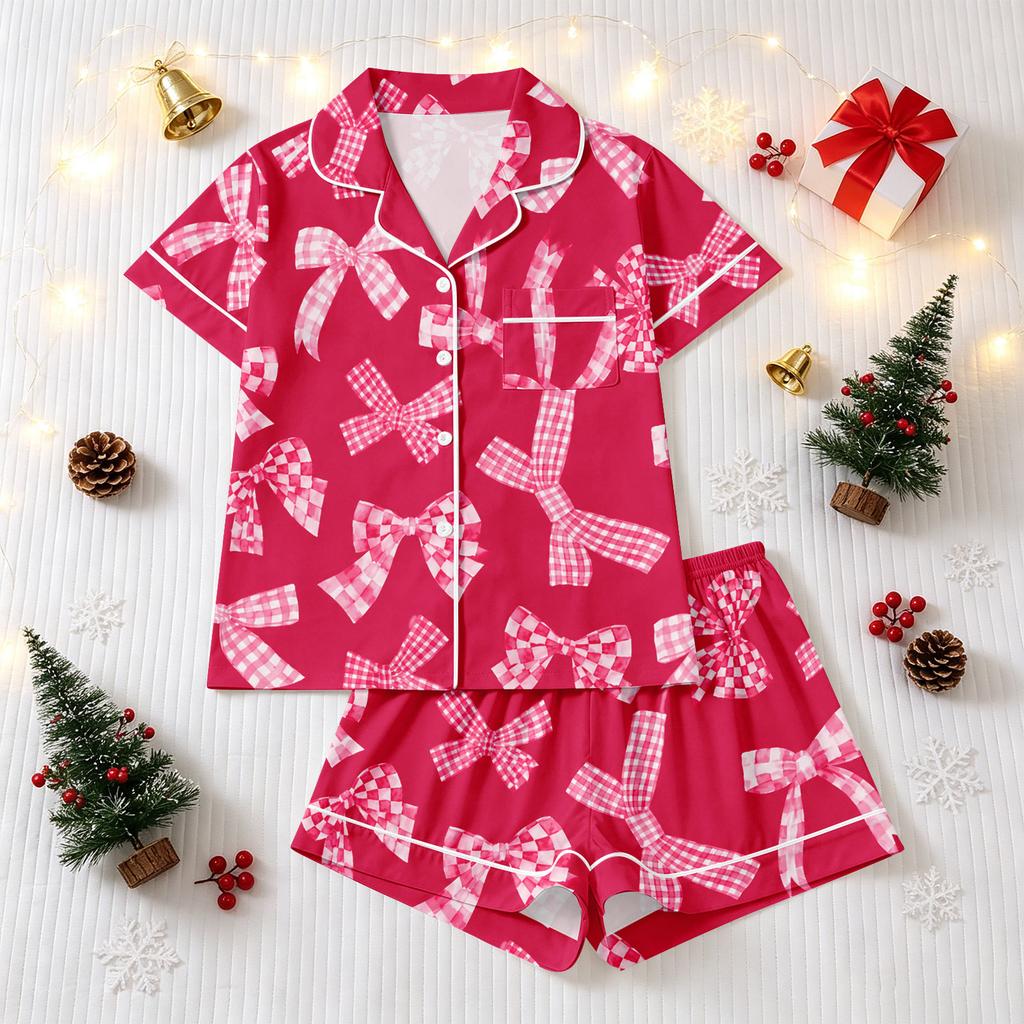 Women's Christmas Pajama Set Short Sleeve Button Down Shirt and Shorts Sleepwear