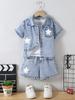 Boys' Two-Piece Casual Outfit: Versatile Short-Sleeve Collared Shirt with Star Pattern and Matching Loose-Fit Shorts Set (Spring/Summer Collection)