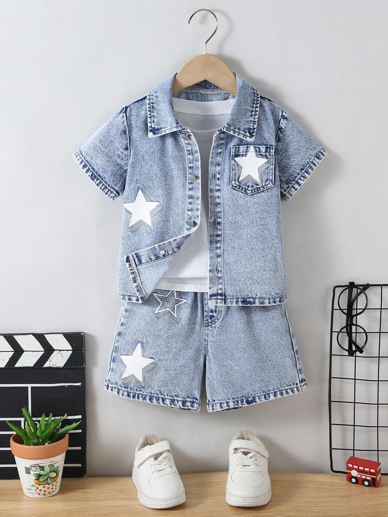 Boys' Two-Piece Casual Outfit: Versatile Short-Sleeve Collared Shirt with Star Pattern and Matching Loose-Fit Shorts Set (Spring/Summer Collection)