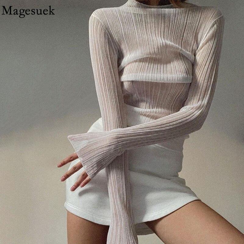 Thin See Through Slim Sexy T Shirt Long Sleeve Elegant Y2K Women T-Shirts 2022 Autumn Fashion Streetwear Tees Tops Clothes 21979