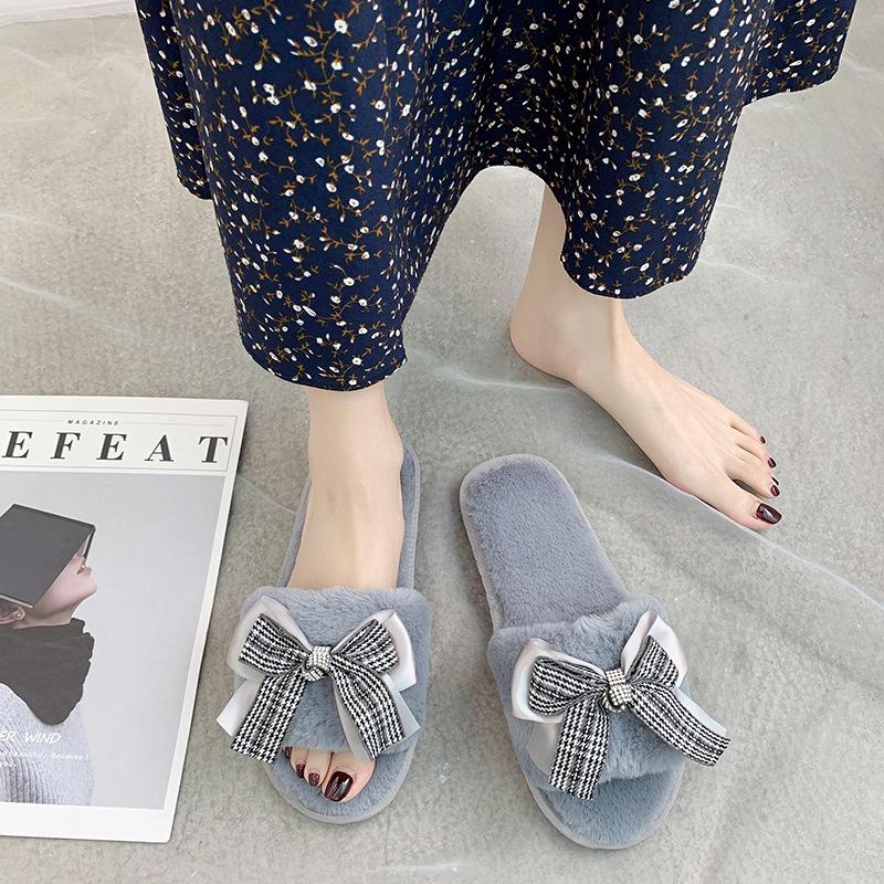 Mao Mao Cotton Slippers 2020 New Autumn and Winter One-word Bow Slippers Indoor and Outdoor Warm Fashion Flat Slippers