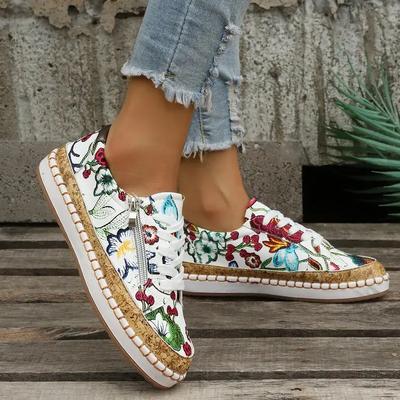 Zapatillas de deporte para mujer, zapatos vulcanizados de moda para dama, zapatos planos con cordones y estampado floral para mujer, mocasines para mujer, zapatos casuales antideslizantes para damas