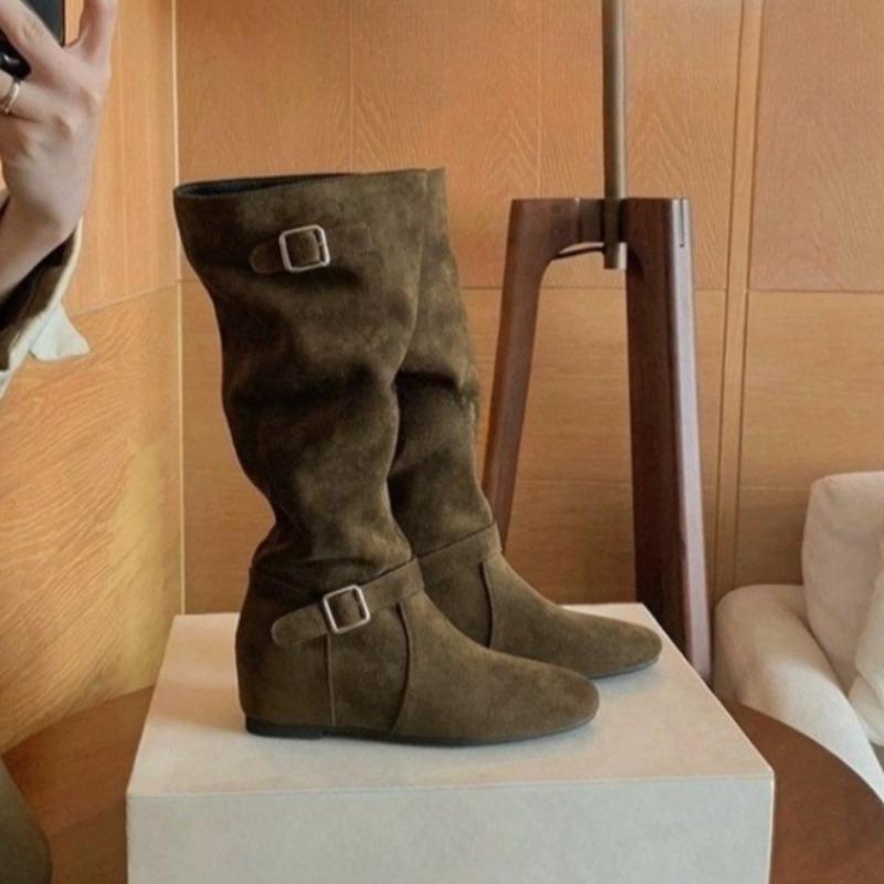 Women Mid-calf Boots High Quality Suede Casual Boot Temperament Belt Buckle Design Pants Leg Boot Non Slip Flat Boot Botas Mujer
