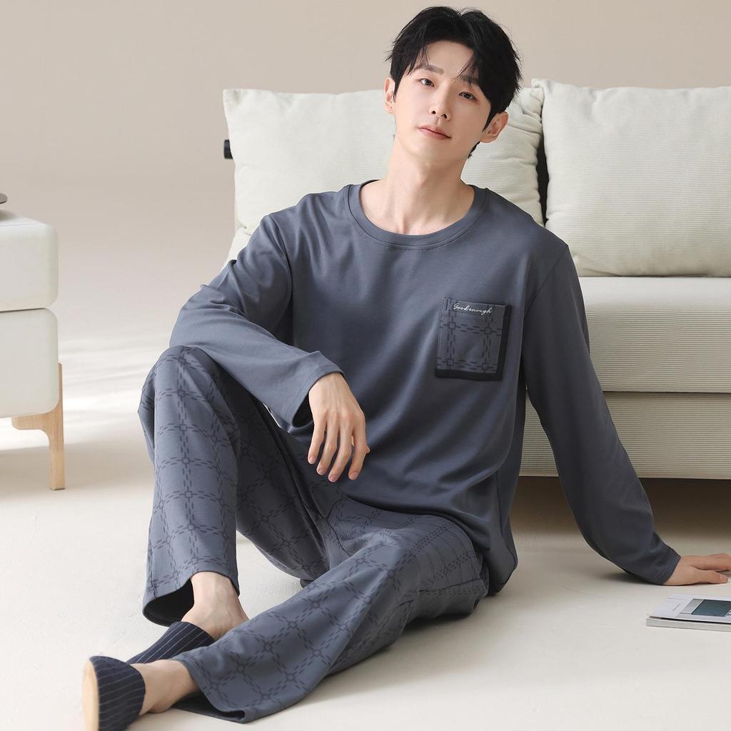 Men's 100% Cotton Long Sleeve & Pants Pajama Set - Korean Style Casual Homewear for Indoor/Outdoor Use
