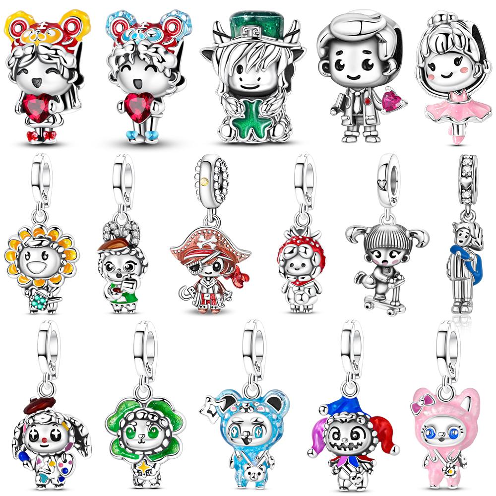 Cute Copper Pink Ballet Girl & Lucky Four-Leaf Clover Doll Charm Fit Original Bracelet Diy Unique Jewelry Gift