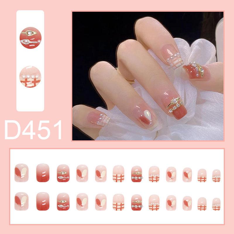 Gentle Fresh Plaid Heart Pearl Nail Stickers - Detachable Wearable Nail Tips