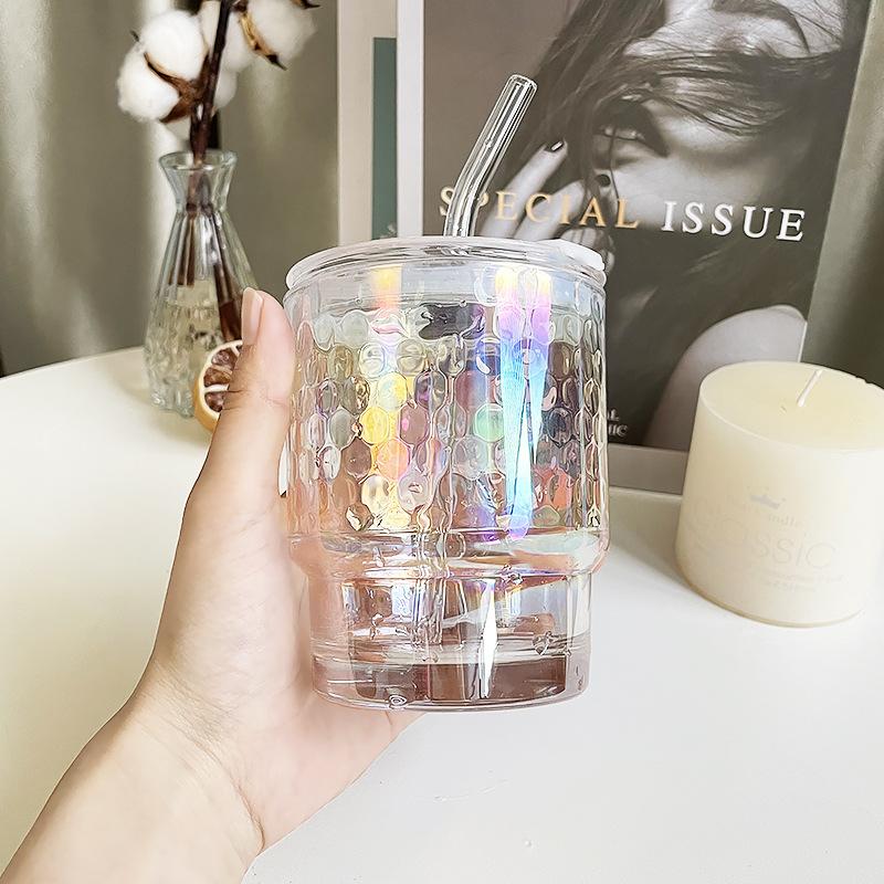 

350ml Colourful Coating Glass Cup Portable Household Iced Coffee Juice Drink Mug Tumbler Cup With Plastic Lid And Glass Straw 301-400ml