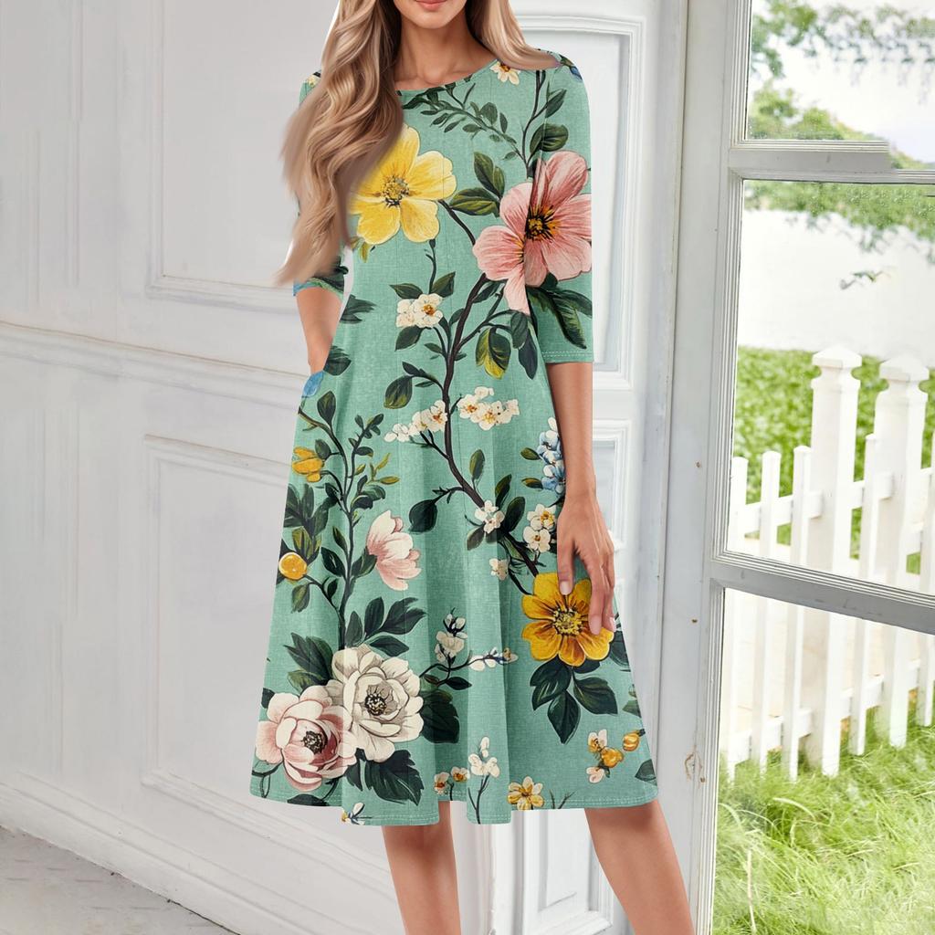 Women's Loose Casual And Fashionable Round Neck Seven Quarter Sleeved Printed Mid Length Dress