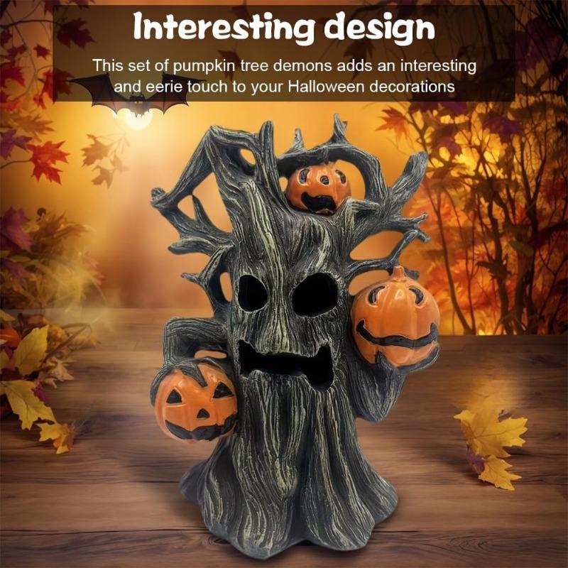 Halloween Pumpkin Tree Decor,Lighted Resin Halloween Figurine with Ghost Face Pumpkins, Haunted Miniature Tree for Indoor Table Decorations