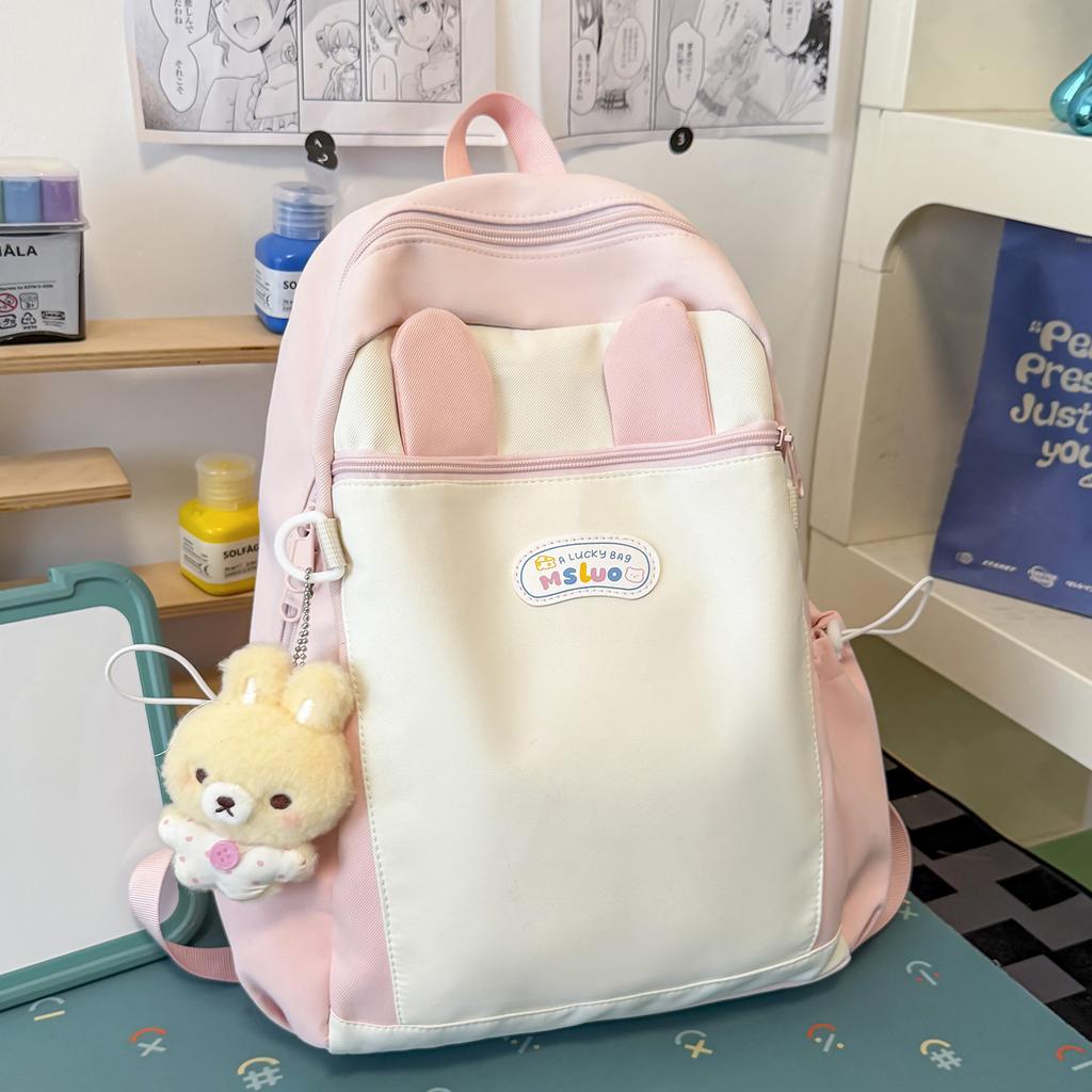 Schoolbag milk fufu color matching three-dimensional rabbit ear backpack soft cute girl holiday girlfriends travel fresh age reduction small backpack