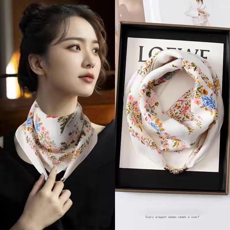 2025 New Fashion Magnetic Button Silk Scarf Women Small Square Scarf Autumn Winter Warm Anti Cold Scarf