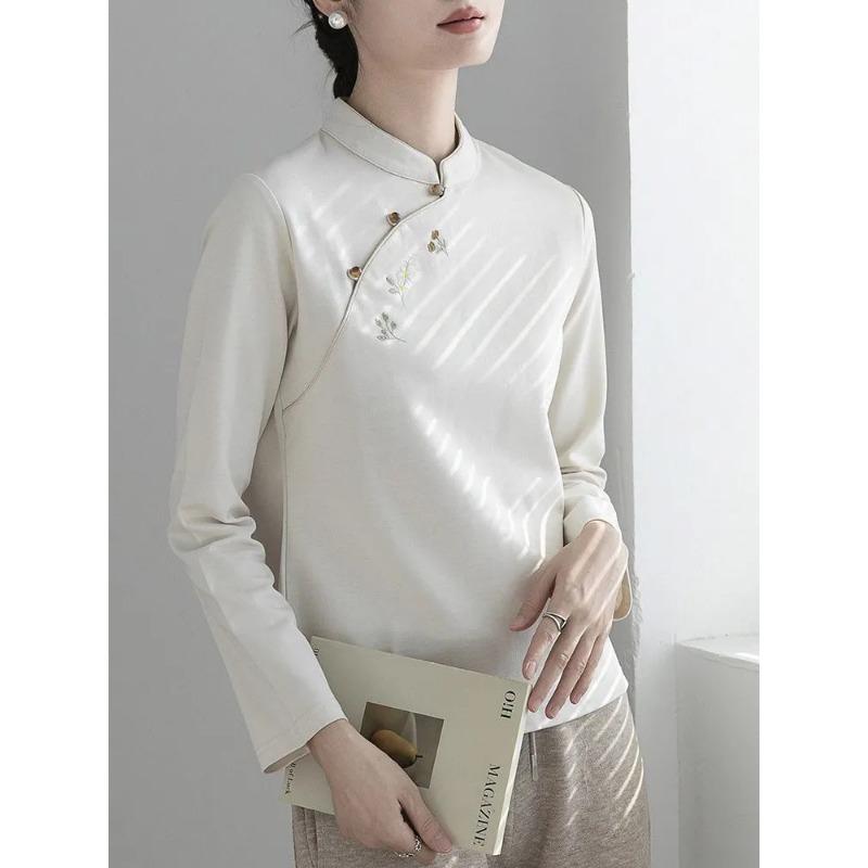 Women S Long Sleeve Stand Collar Embroidered Chinese Style Shirt
