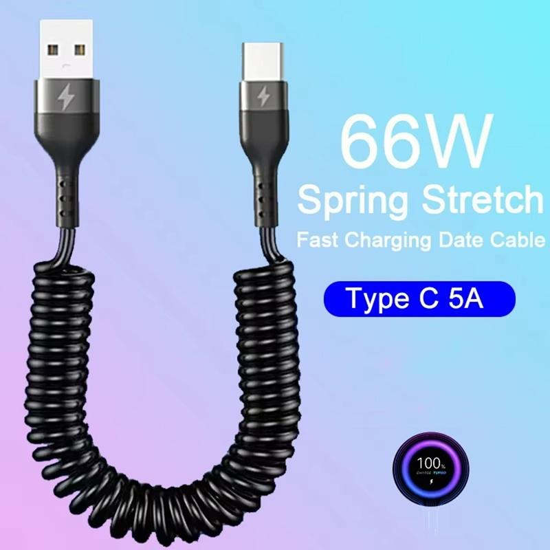 66W 5A USB Type C Data Cable USB Spring Pull Telescopic Fast Charging Cable For Sumsung Xiaomi Huawei iPhone 16 15 Charger Cable