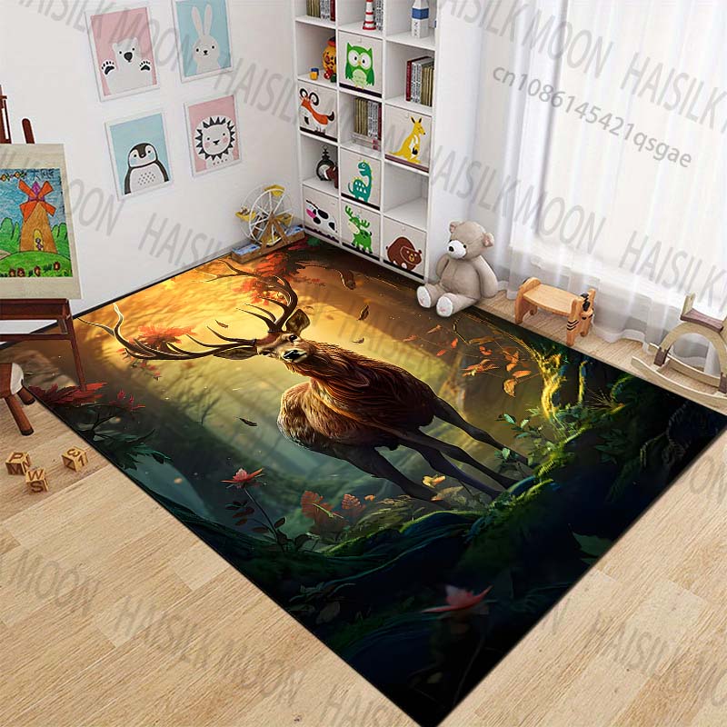 Deer In Forest Sunlight Filtering Carpet for Living Room Bedroom Bedside Floor Mat Cloakroom Children Playing Mat Area Rug