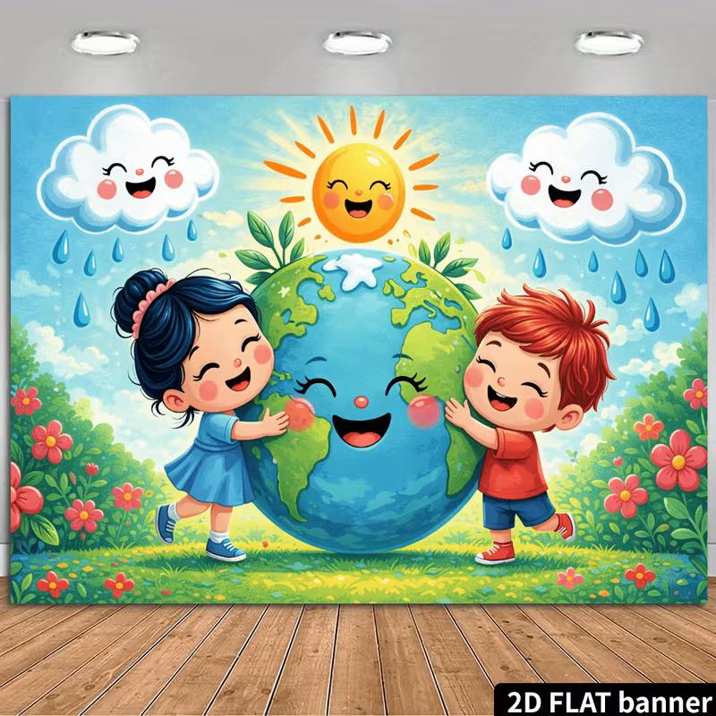 2D Flat Printing Earth Day Backdrop, Kids & Happy Earth Party Background 47.2x31.5inch/120*80cm