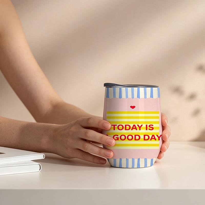 355ml Eggshell Cup Stripe Heart Inspire English Element Travel Cup U Shape Eggshell Cup Egg Shaped Insulated Cup Mini Stainless Cool Cup 355ml Eggshell Cup