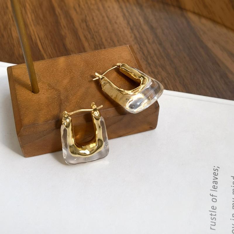 

Vintage Transparent Brown Resin Acrylic Hoop Earrings for Women Creative Gold Color Metal Irregular Geometric Earring New Trend прозорий