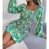 Women's Autumn/winter Sexy Square Collar Print Long Sleeve Ruffled Hip Wrap Dress